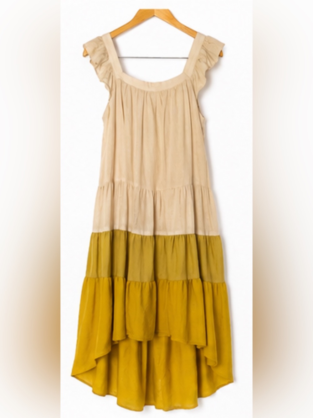 moodie Cream and Mustard Tiered Flutter Sleeve Dress